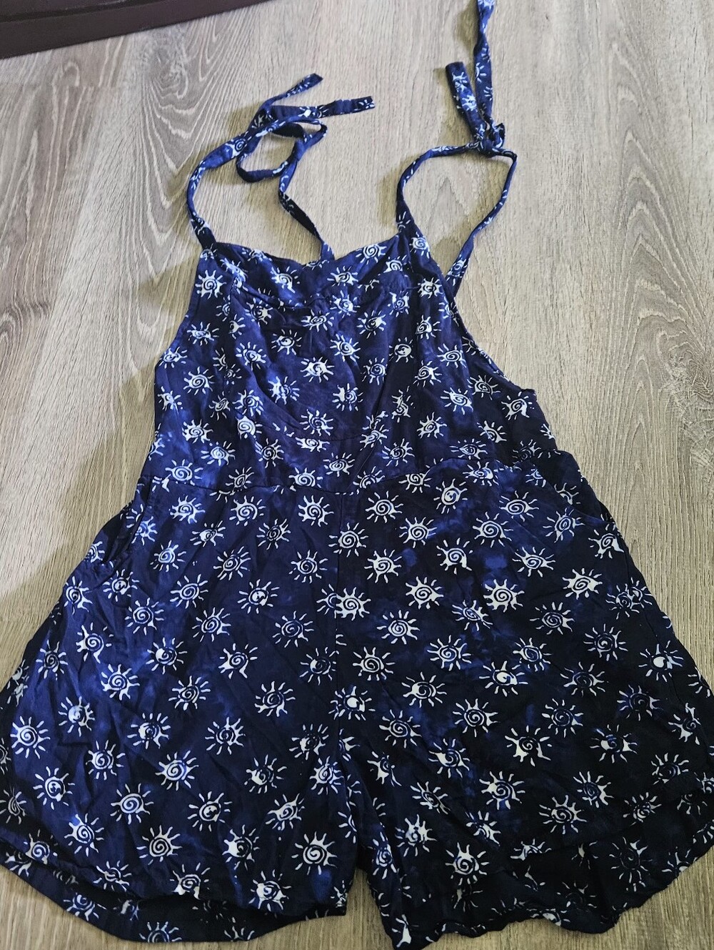 Kimberley’s Travels Sun Print Halter Neck Romper Navy Blue Rayon Boho Beach S